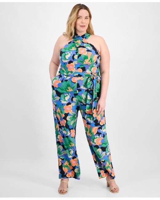 Tahari Women's Blue Plus Size Twist Halter-neck Jersey Jumpsuit