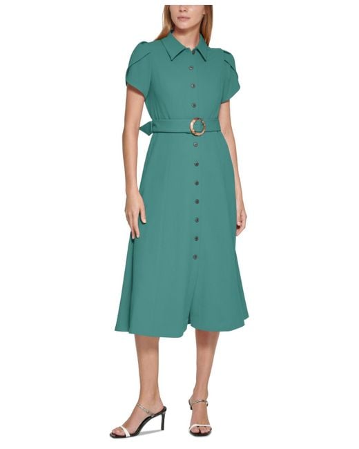 Calvin Klein Green Puff-sleeve Belted Midi Dress