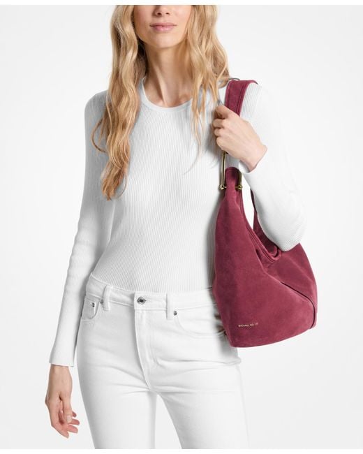 Michael Kors Red Michael Sonny Suede Medium Hobo Shoulder Bag