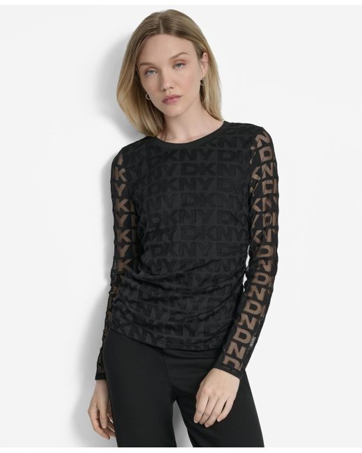 DKNY Black Logo-mesh Jacquard Long-sleeve Top