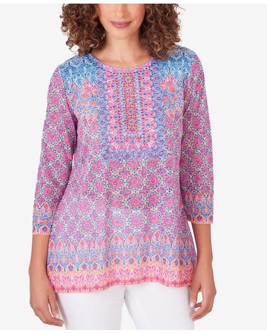 Ruby Rd Purple Petite Embroidered Geometric Top