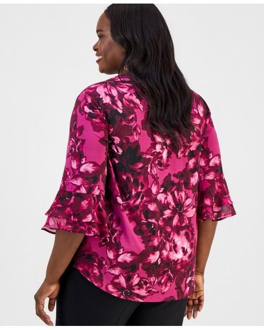Kasper Red Plus Size Split-neck Printed Flutter-sleeve Top