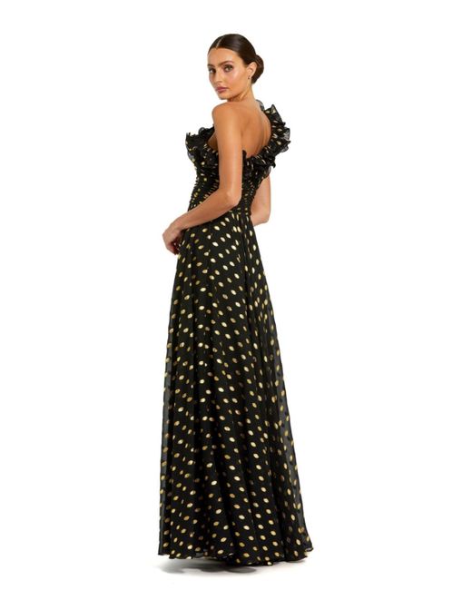 Mac Duggal Black One Shoulder Ruffle Chiffon Gown With Slit