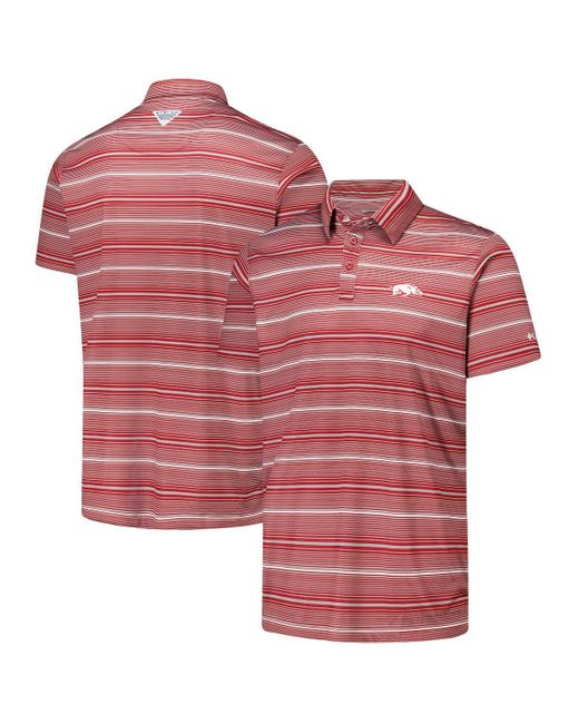 Columbia Red Arkansas Razorbacks Pfg Super Terminal Tackle Omni-shade Stripe Polo Shirt for men