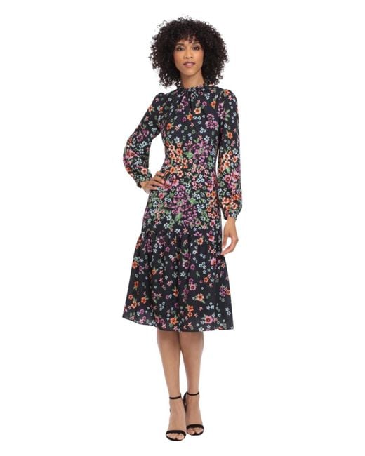 Maggy London Red Crew Neck Long-sleeve Midi Dress