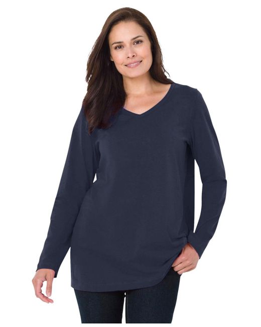 Woman Within Blue Plus Size Within Perfect Long-sleeve V-neck Tee