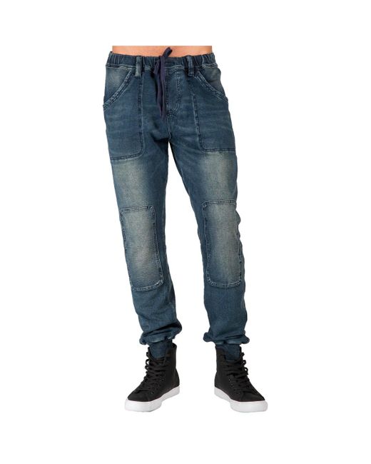 Level 7 Blue Premium Knit Denim jogger Jeans Indigo Hand Sanded Knee Patches for men
