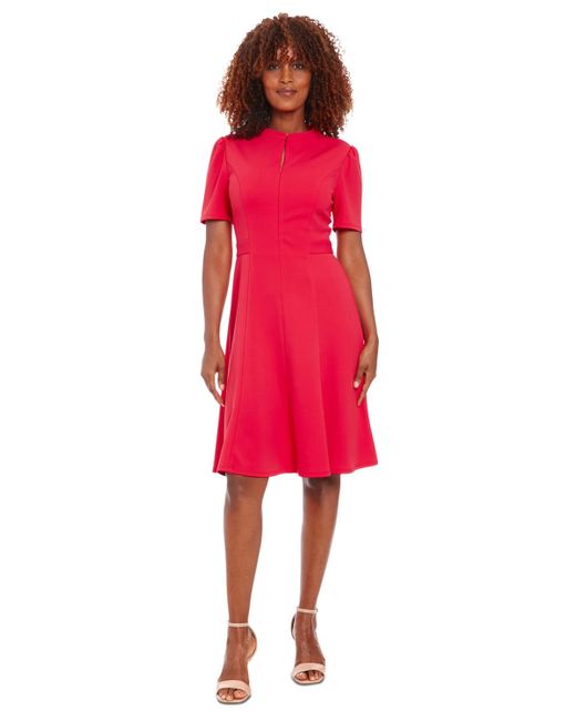 London Times Red Petite Stand-collar Fit & Flare Dress