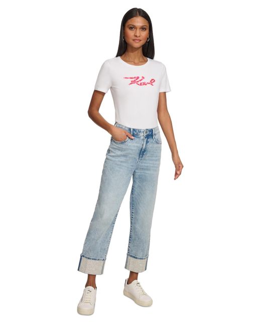 Karl Lagerfeld Blue High-rise Crystal-cuff Jeans