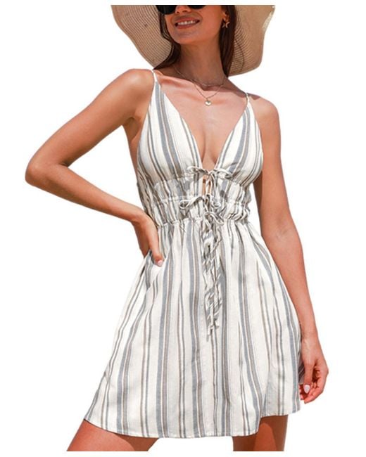 CUPSHE White Striped Waist Cutout & Tie Mini Beach Dress
