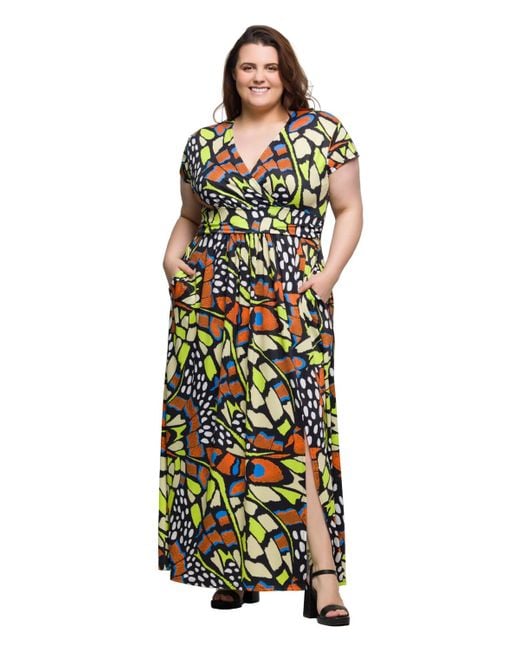 24seven Comfort Apparel White Plus Size Cap Sleeve V-neck Side Slit Pocket Maxi Dress