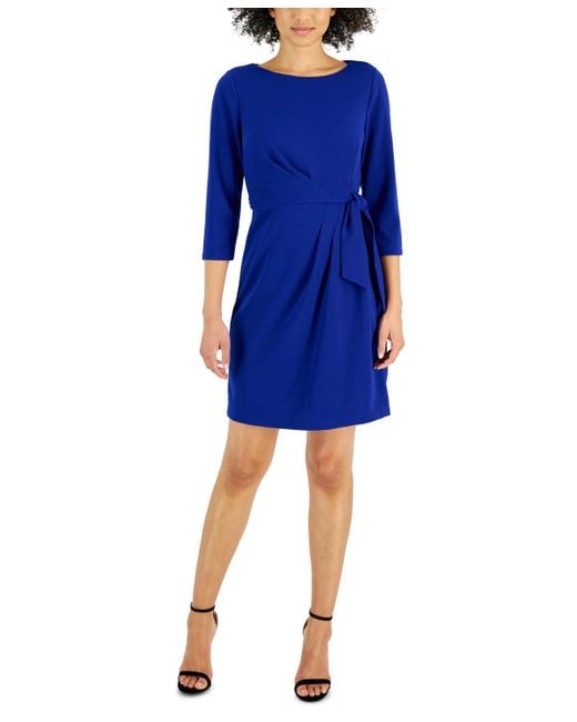 Tahari Blue Petite 3/4-sleeve Tie-waist Dress