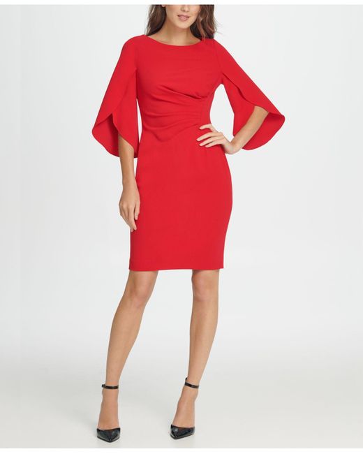 DKNY Red 3/4 Tulip Sleeve Side Ruche Sheath Dress