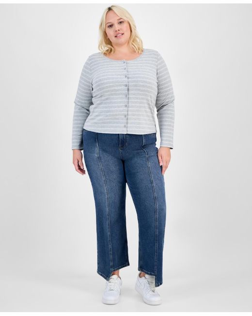 Hippie Rose Gray Trendy Plus Striped Button-front Sweater