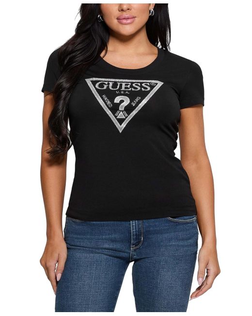 ★★Guess★★ Big triangle bling logo short sleeve t-shirt Y Guess Big Girls Short-Sleeve Metal Rhinestone Triangle Logo