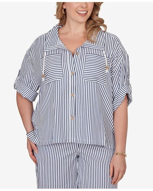 Ruby Rd Blue Plus Size Beaded Seersucker Portrait Collar Jacket