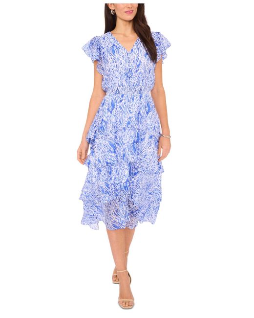 Vince Camuto Blue Printed Flutter-sleeve Tiered Midi Dress
