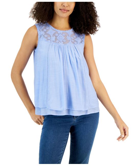 Style & Co. Blue Sleeveless Embroidered Lace Top