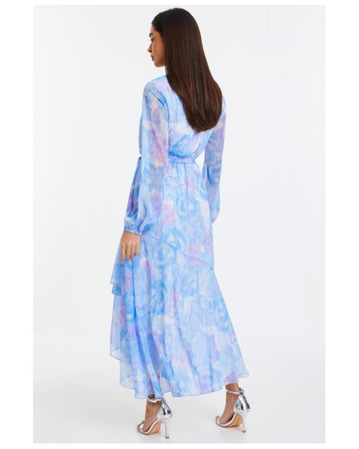 Quiz Blue Chiffon Water Color Long Sleeve Maxi Dress
