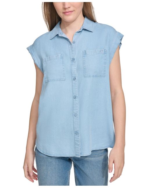 Calvin Klein Blue Petite Button-front Cap-sleeve Shirt