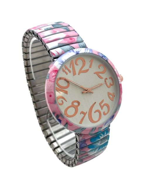 Olivia Pratt Gray Big Dial Easy Reader Watch Floral Elastic Stretch Band Wristwatch Watch