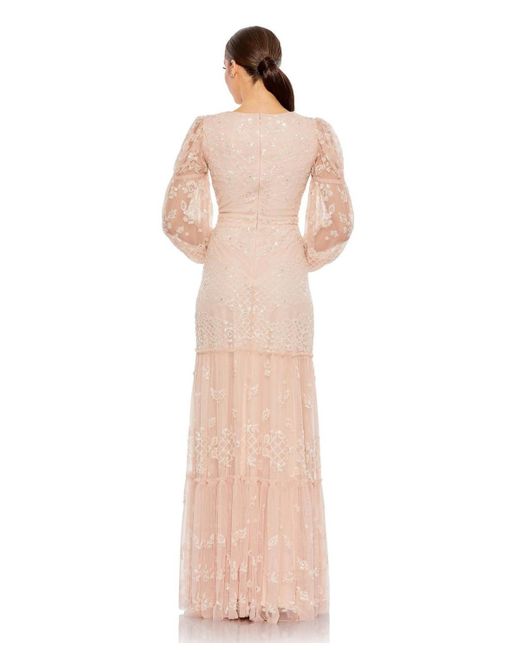 Mac Duggal Pink Sequined Tiered Wrap Over Puff Sleeve Gown