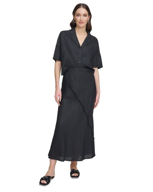 DKNY Black Pull-on Fringe-trim Linen Skirt