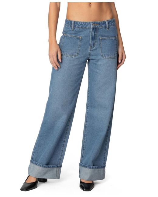 Edikted Blue Madi Cuffed Low Rise Jeans
