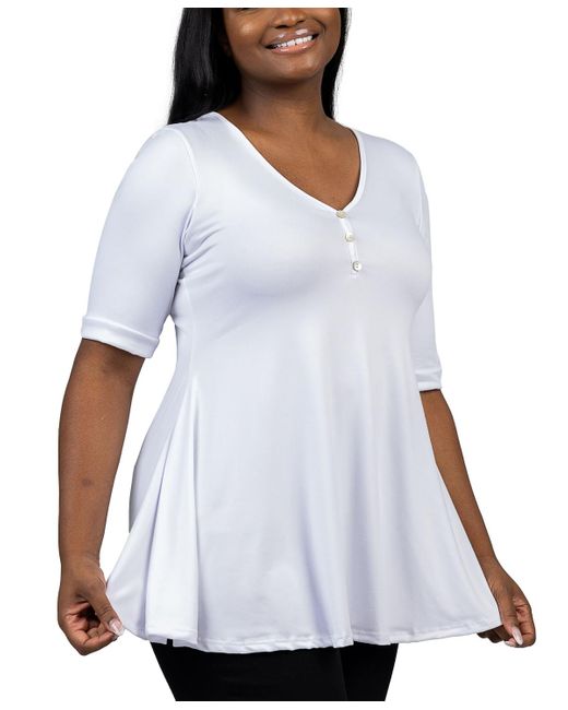 24seven Comfort Apparel White Plus Size Elbow Sleeve Henley Tunic Top