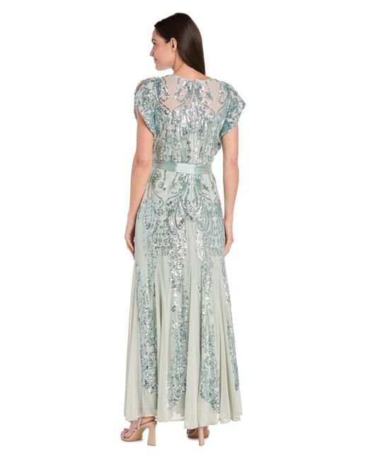 R & M Richards White Short-sleeve Sequined Gown