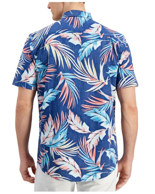 Club Room Blue Summer Tropical Leaf Patterned Short-sleeve Seersucker Shirt for men