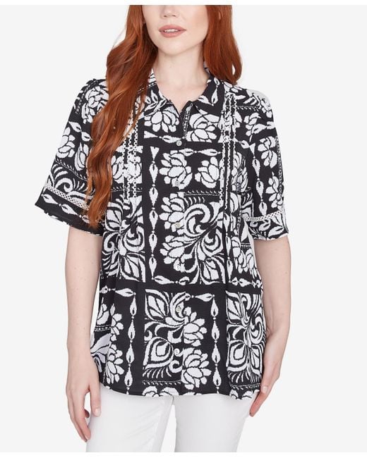 Ruby Rd Black Petite Lotus Patchwork Button Front Camp Shirt