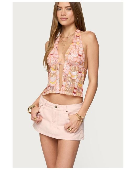 Edikted Pink Mermaid Backless Sequin Split Front Top