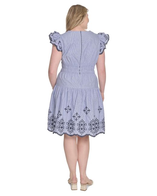 Vince Camuto Blue Plus Size Flutter-sleeve Embroidered Cotton Dress