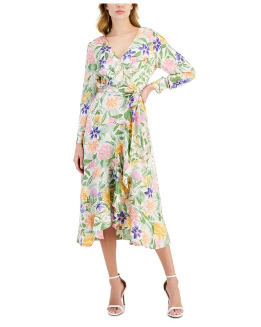 Tahari Multicolor Floral-print Tie-waist Midi Dress