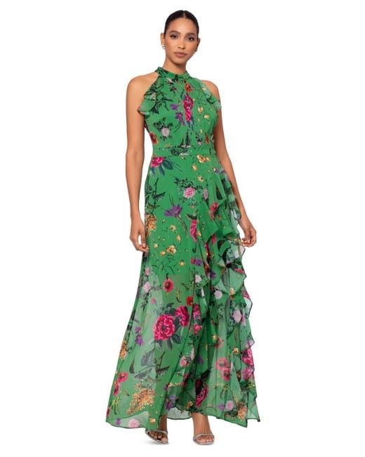 Betsy & Adam Green Petite Floral-print Ruffled Halter Gown