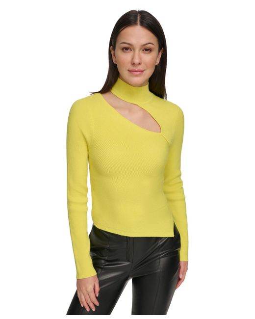 DKNY Yellow Cutout Mock Neck Ribbed Sweater