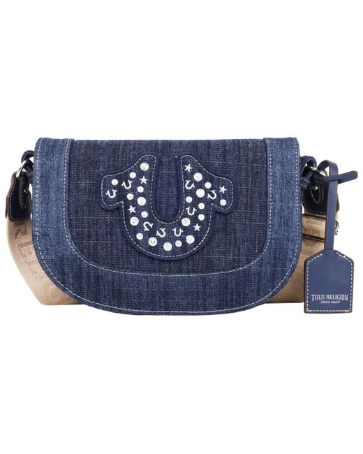 True Religion Blue Studded Horseshoe Denim Flap Bag