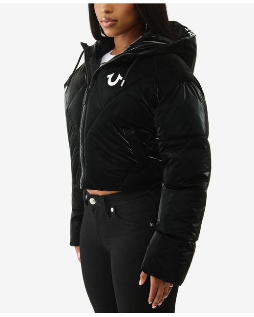 True Religion Black High Shine Foil Hooded Puffer Jacket