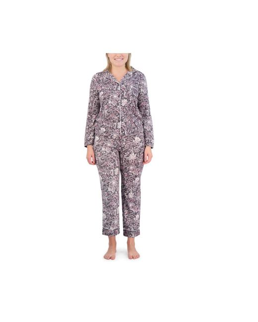 Tahari Purple Long Sleeve Notch Collar Top And Pants 2 Piece Pajama Set