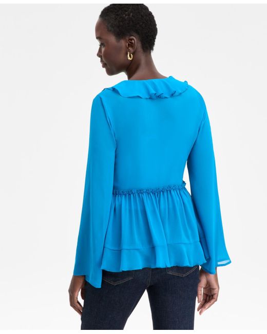 INC International Concepts Blue Printed Ruffle-collar Top
