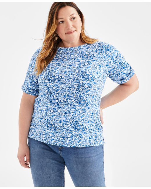 Style & Co. Blue Plus Size Printed Elbow-sleeve Top