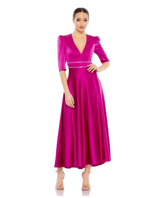 Mac Duggal Pink Ieena Long Sleeve Sequined Midi Dress