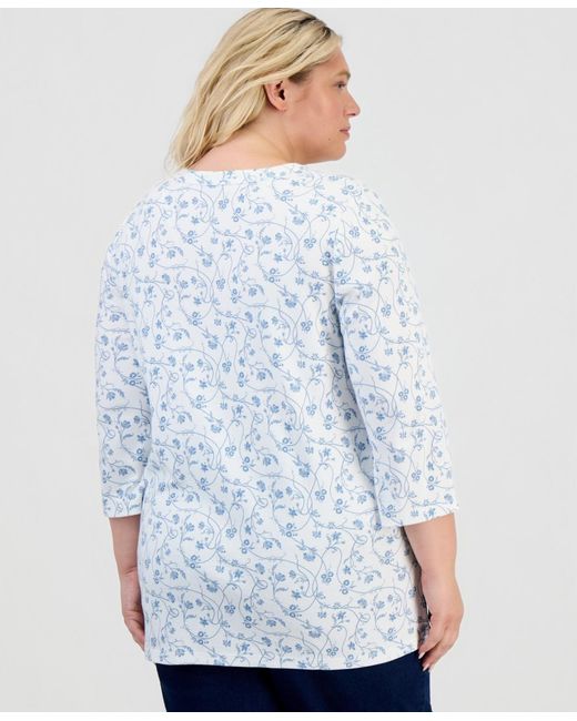 Style & Co. White Plus Size Vine Floral Split-neck 3/4-sleeve Tunic