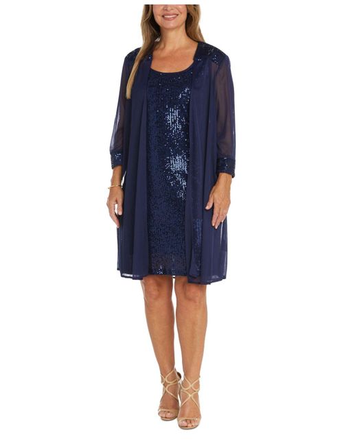 R & M Richards Synthetic Scoopneck Sequin Dress & Jacket in Navy (Blue