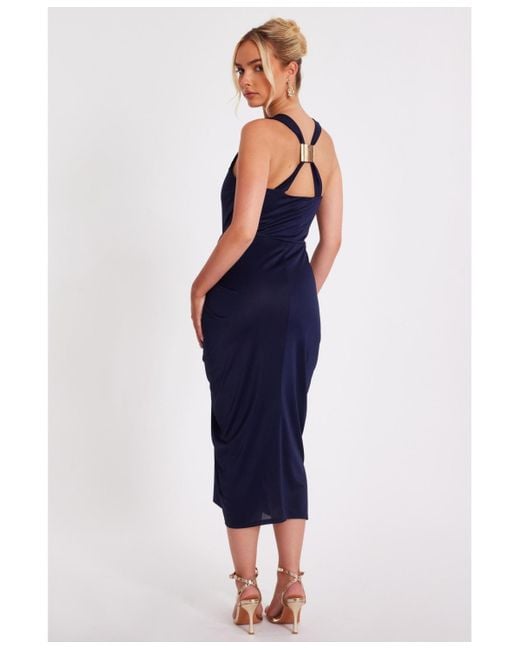 Quiz Blue Disco Cowl Hardware Detail Back Ruched Midi Dress