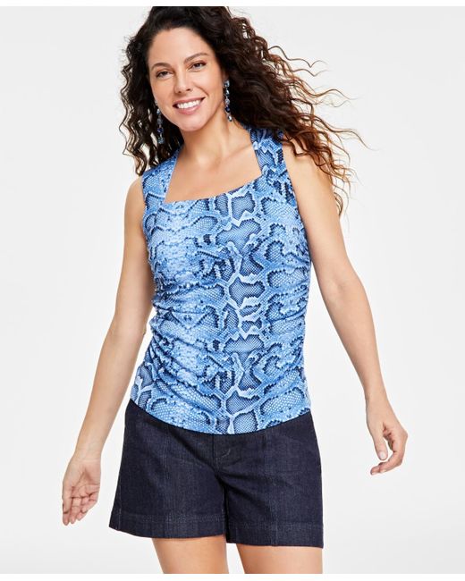INC International Concepts Blue Printed Draped-front Sleeveless Top