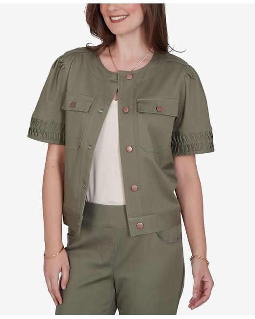 Ruby Rd Green Petite Pleated Short-sleeve Soft Denim Jacket