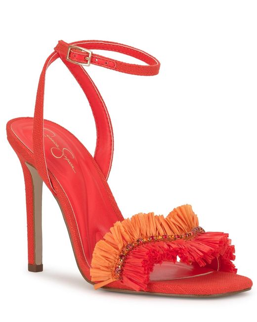 Jessica Simpson Omiena Raffia Fringe High-heel Dress Sandals in Red | Lyst