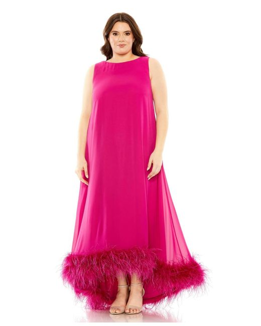 Mac Duggal Pink Plus Size High Neck Feather Hem Gown
